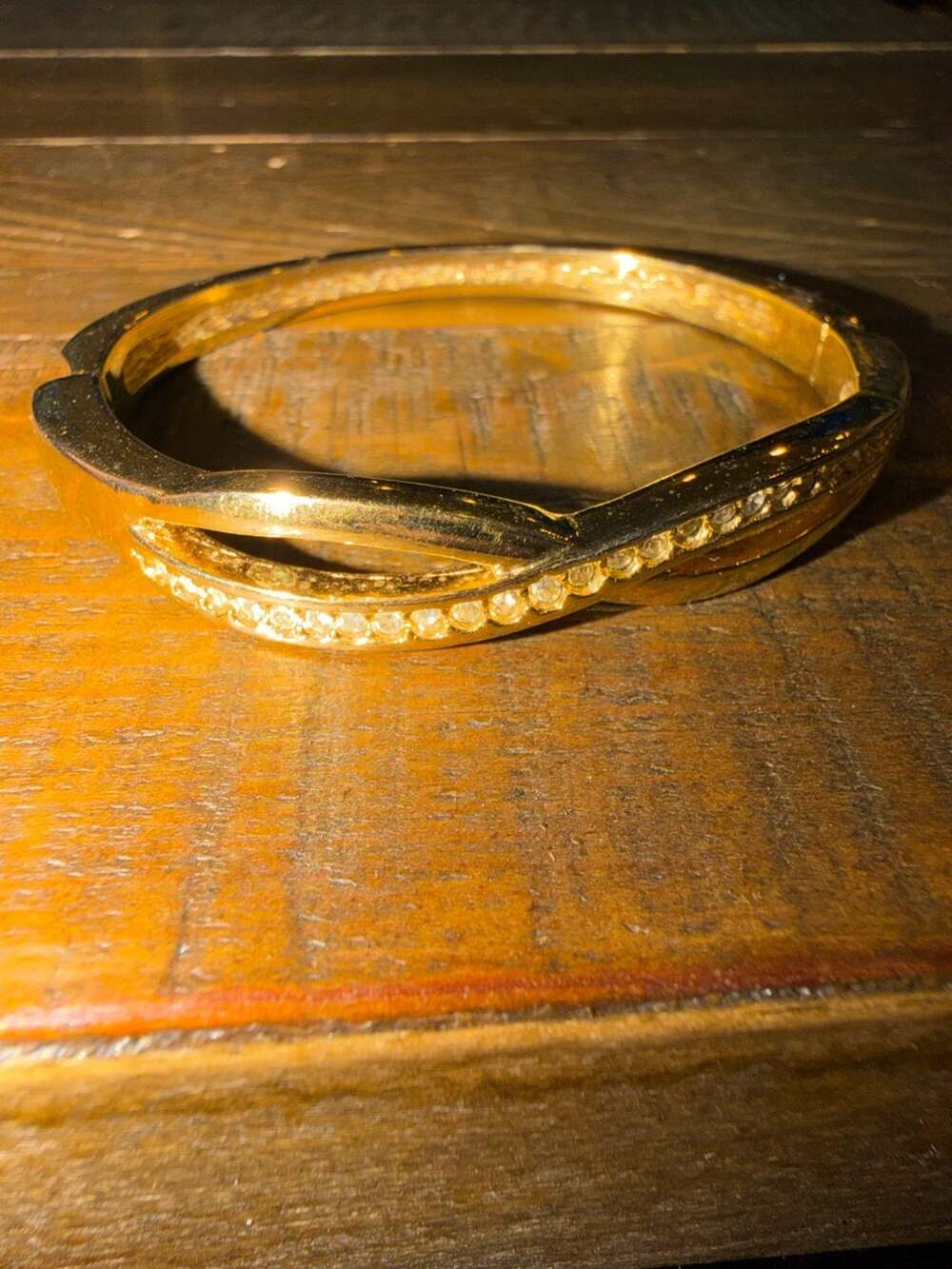 Gold-Tone Rhinestone Crossover Hinged Bangle Bracelet